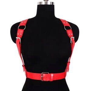Women Red PU Leather Chest Strap Waist Fitted Corset Belt
